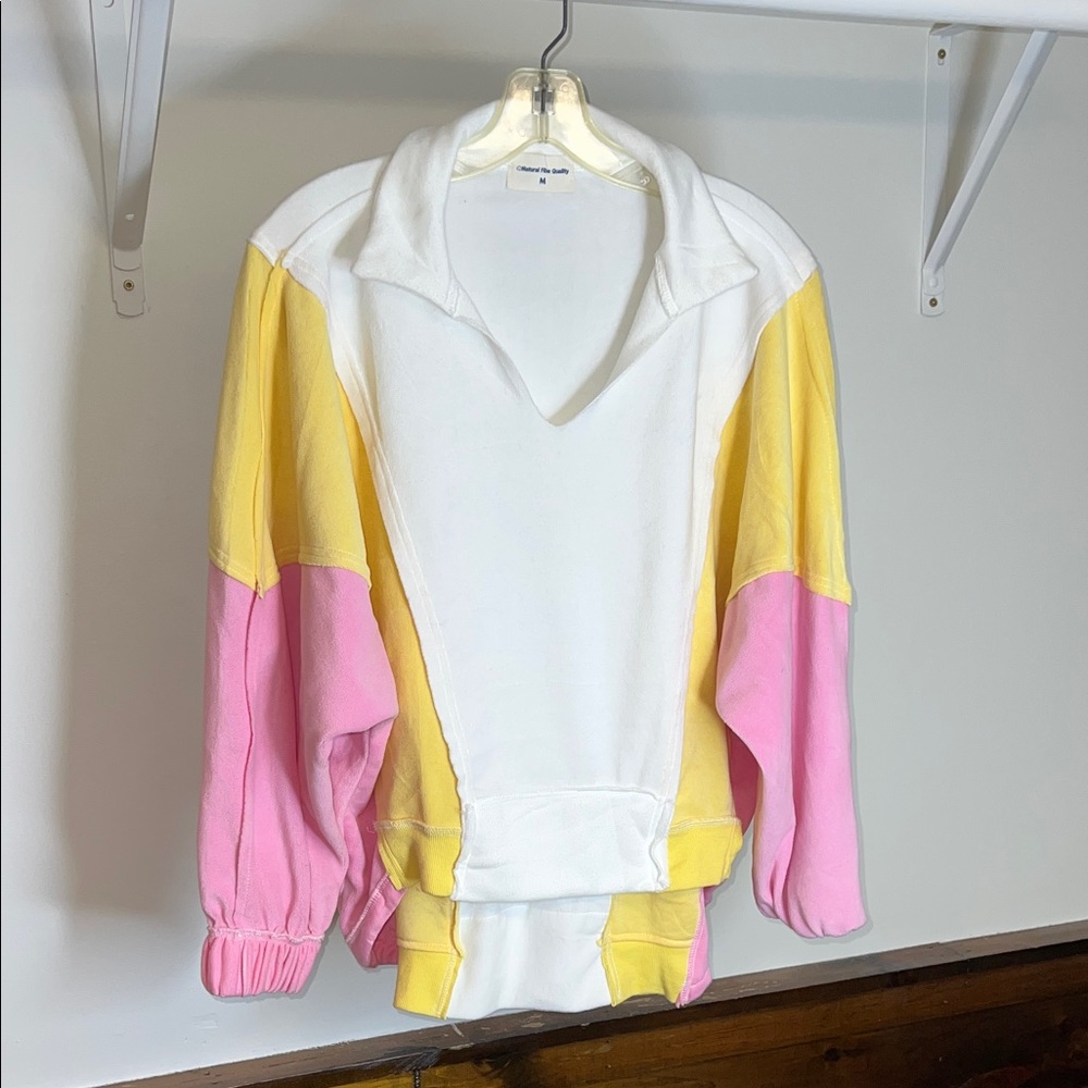 Amazon Fleece Colorblock Collared Pullover Top White, Yellow & Pink Springtime-M
